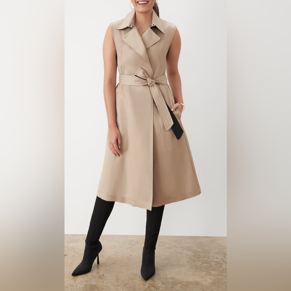 Tan & Black Midi Wrap Dress/Coat with Tie Front.